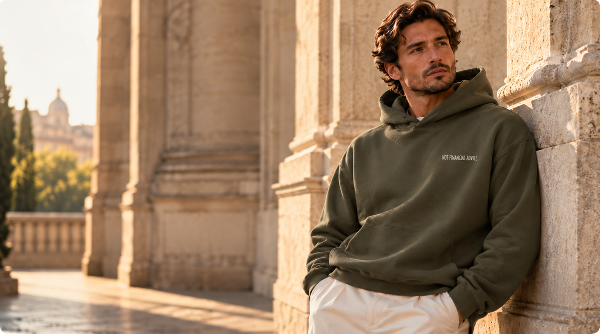 Man wearing the Not Financial Advice hoodie in Cypress with white left-chest embroidery, beside stone columns.