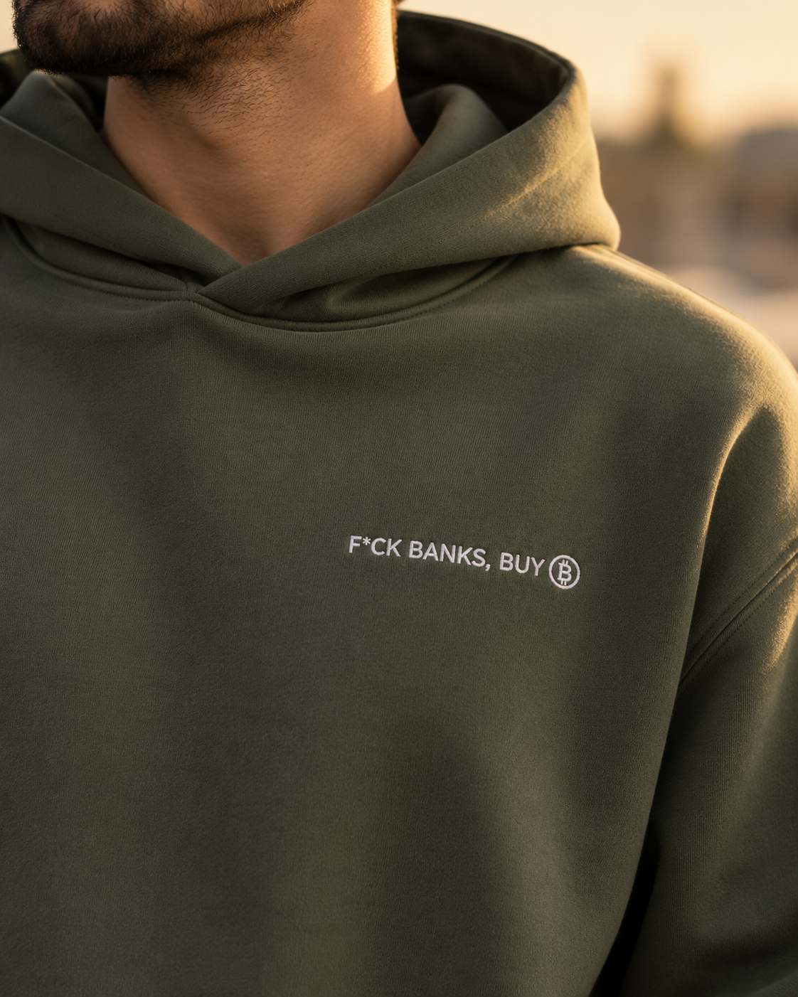Close-up of white F*ck Banks, Buy ₿ embroidery and smooth fabric on a Cypress hoodie, in warm golden light.