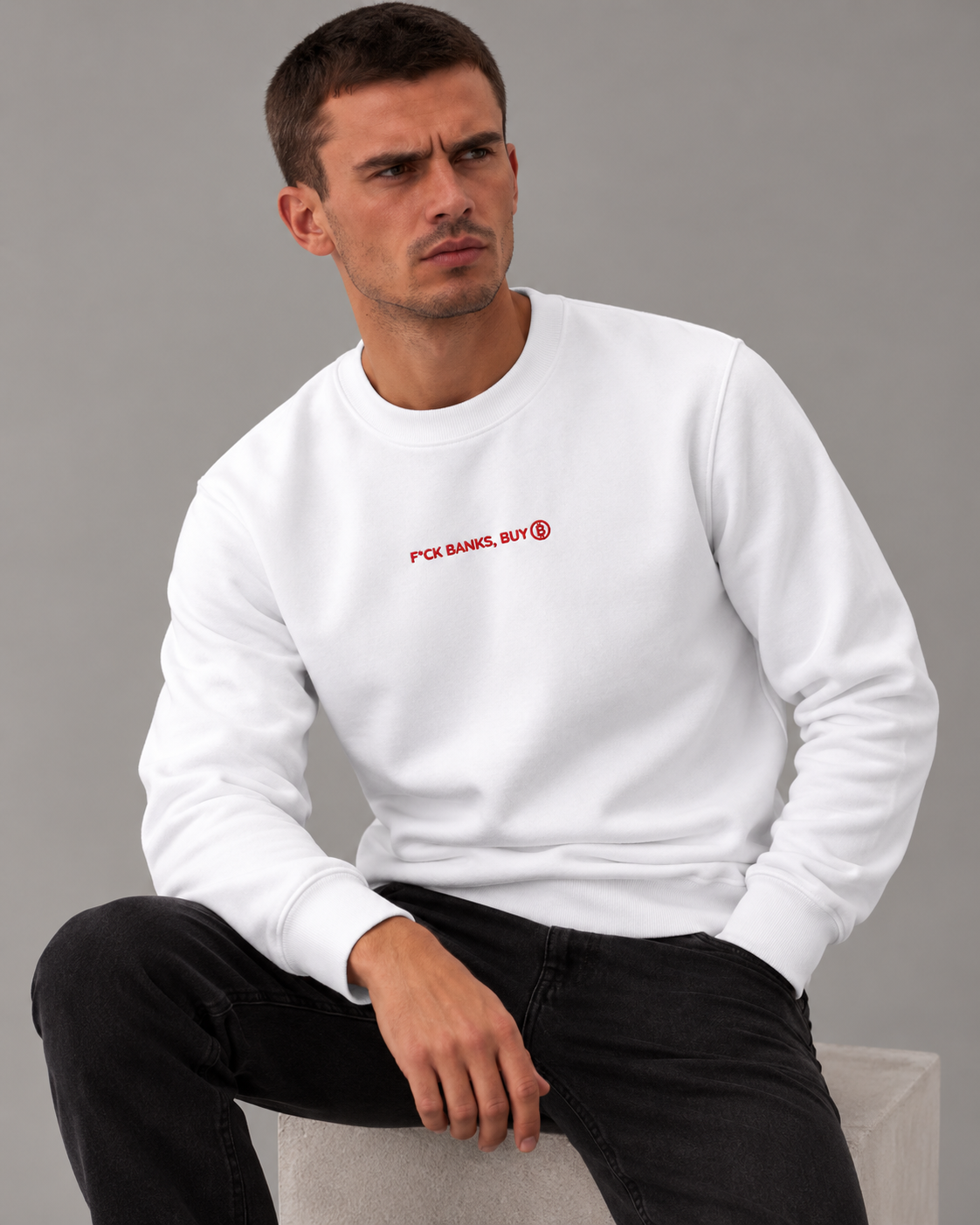 F*ck Banks, Buy ₿ sweatshirt in white with red centre-chest embroidery, premium studio portrait