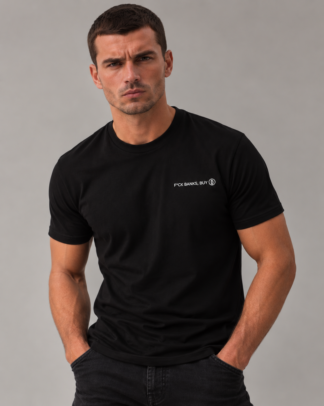 Male studio portrait wearing the F*ck Banks, Buy ₿ Black T-shirt