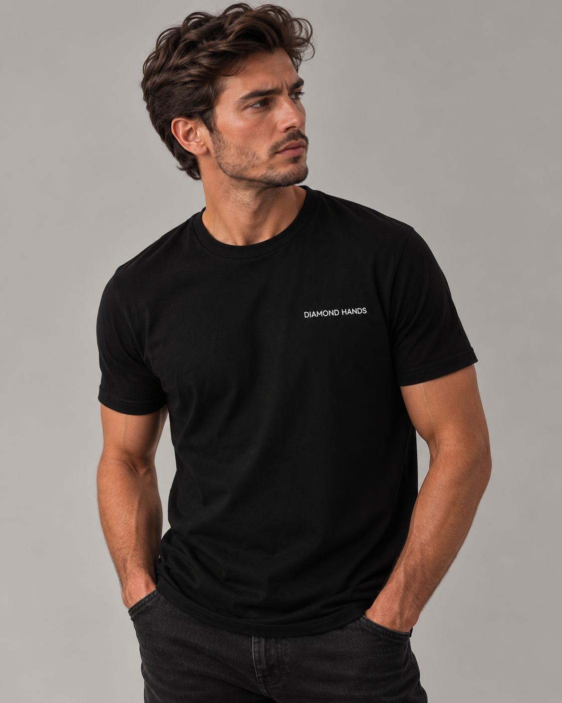 Male studio portrait wearing the Diamond Hands Black T-shirt