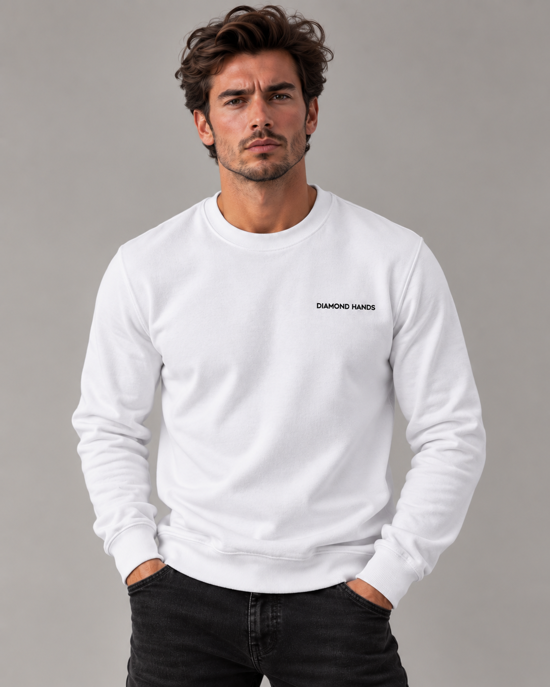 Male studio portrait wearing the White Diamond Hands sweatshirt with black embroidery