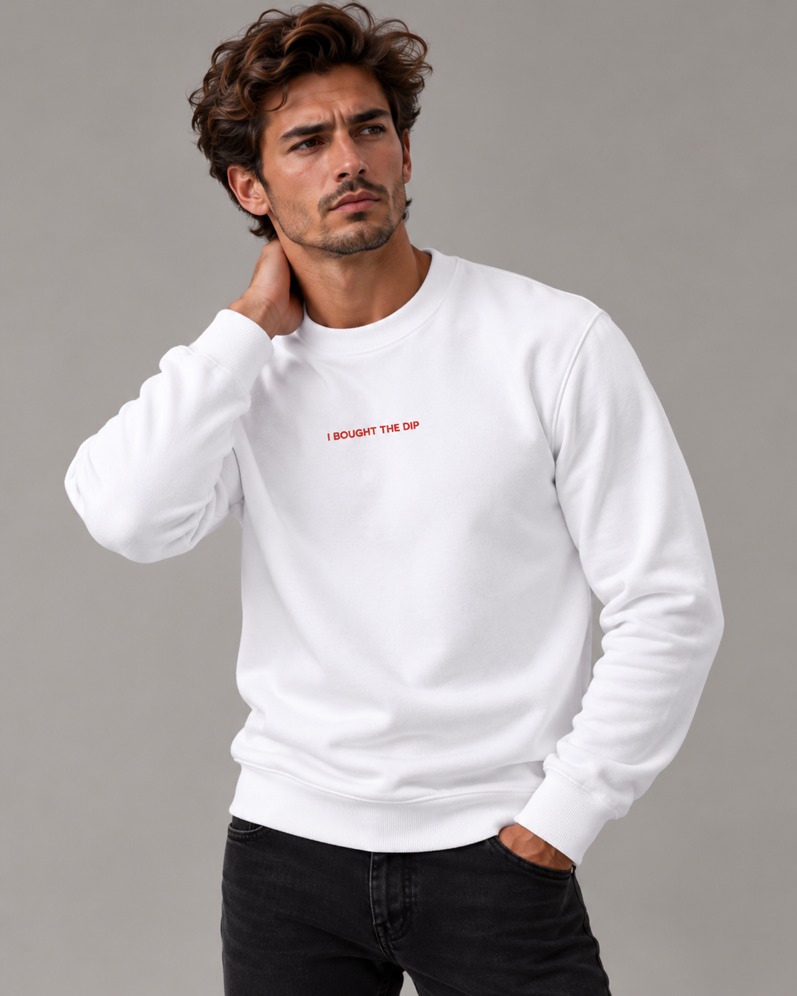I Bought The Dip sweatshirt in white with red embroidery, premium studio portrait on a neutral grey background