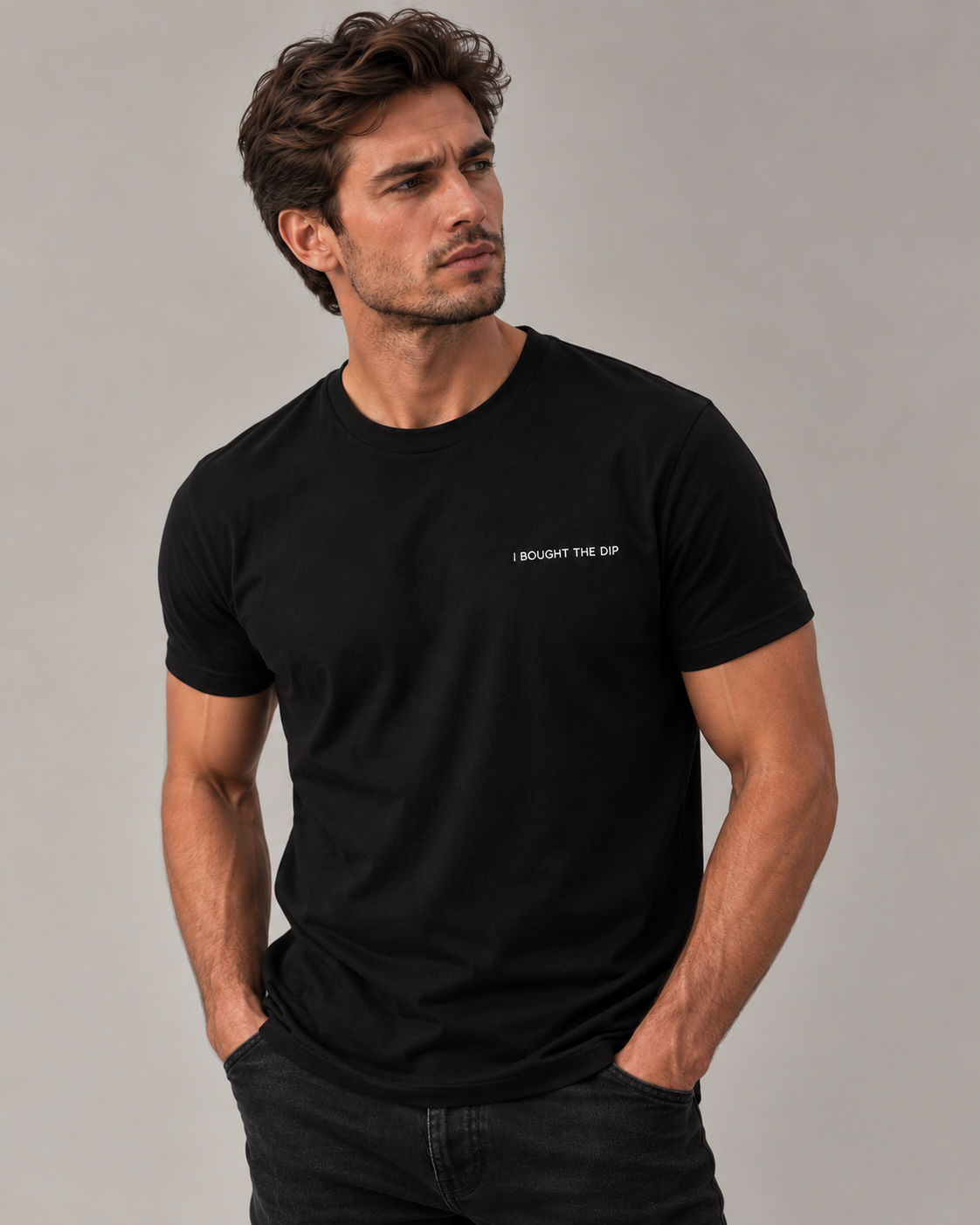 Male studio portrait wearing the I Bought The Dip Black T-shirt