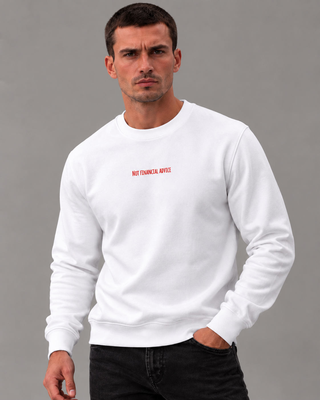 Not Financial Advice sweatshirt in white with red centre-chest embroidery, premium studio portrait on neutral grey background