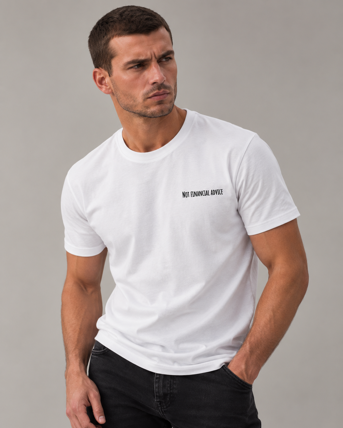 Male studio portrait wearing the Not Financial Advice White T-shirt