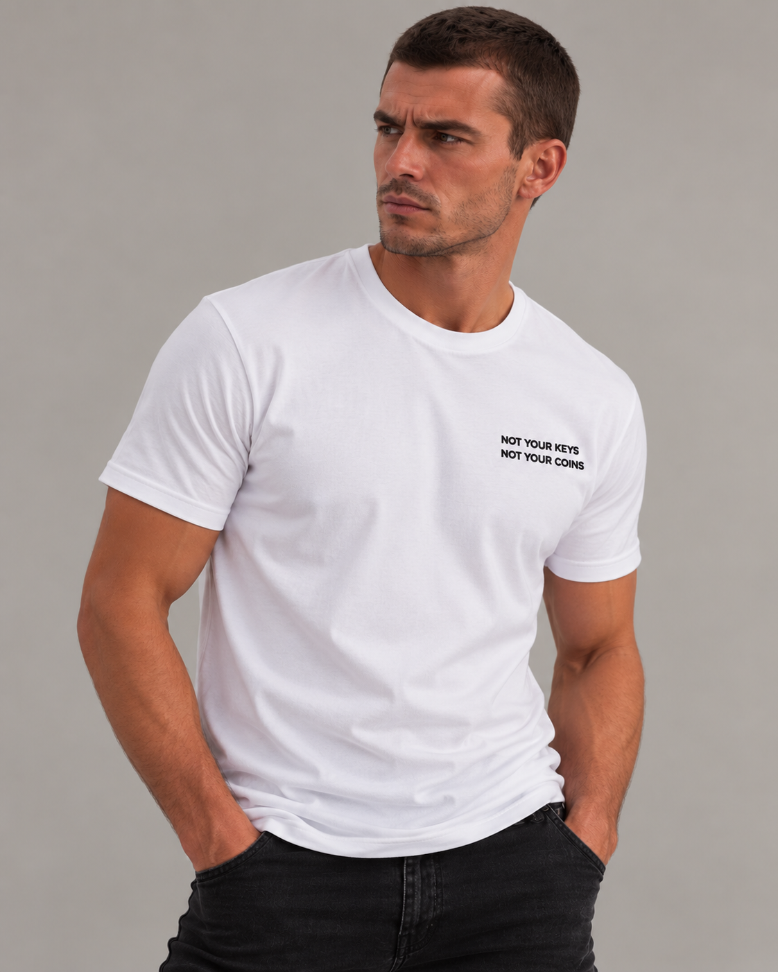 Male studio portrait wearing the Not Your Keys / Not Your Coins White T-shirt