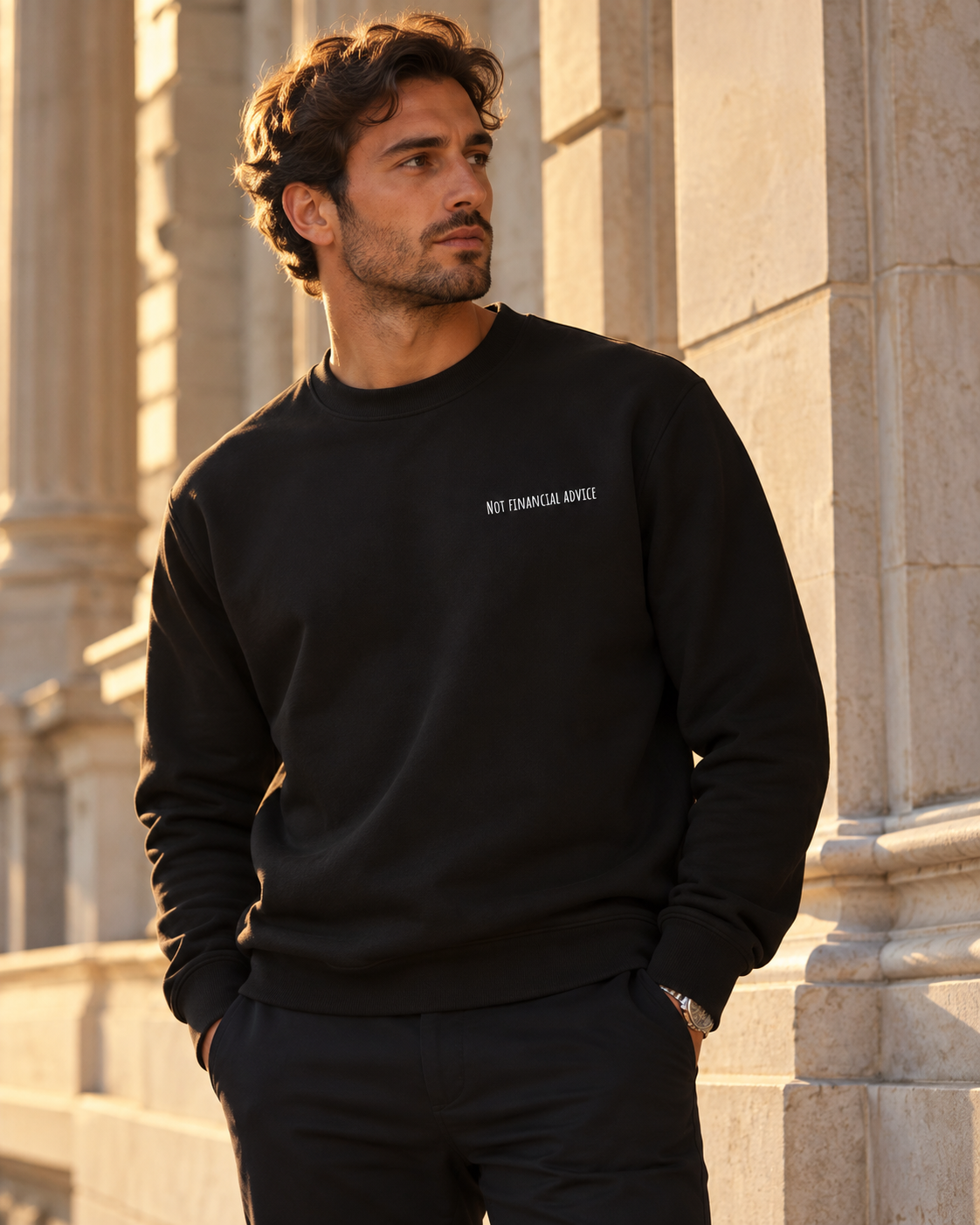 Man wearing a black Not Financial Advice sweatshirt with white left-chest embroidery outside a pale stone building in warm golden light.