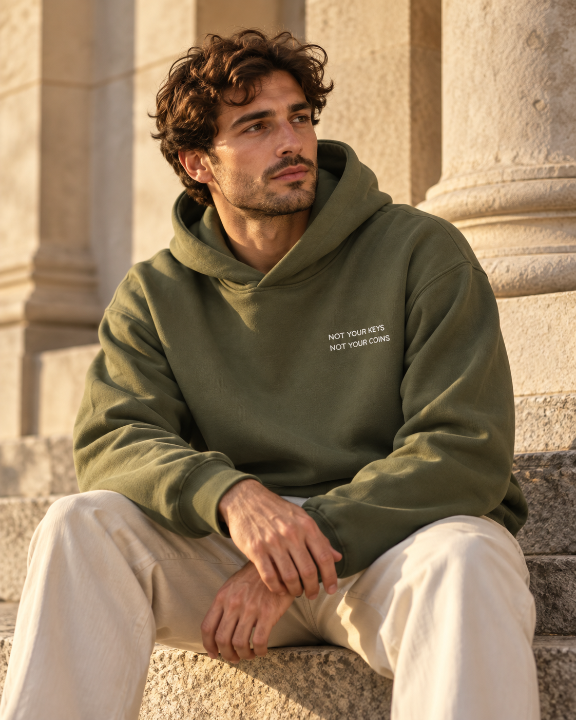Man seated on stone steps wearing a Cypress Not Your Keys hoodie with white left-chest embroidery, in warm golden light.