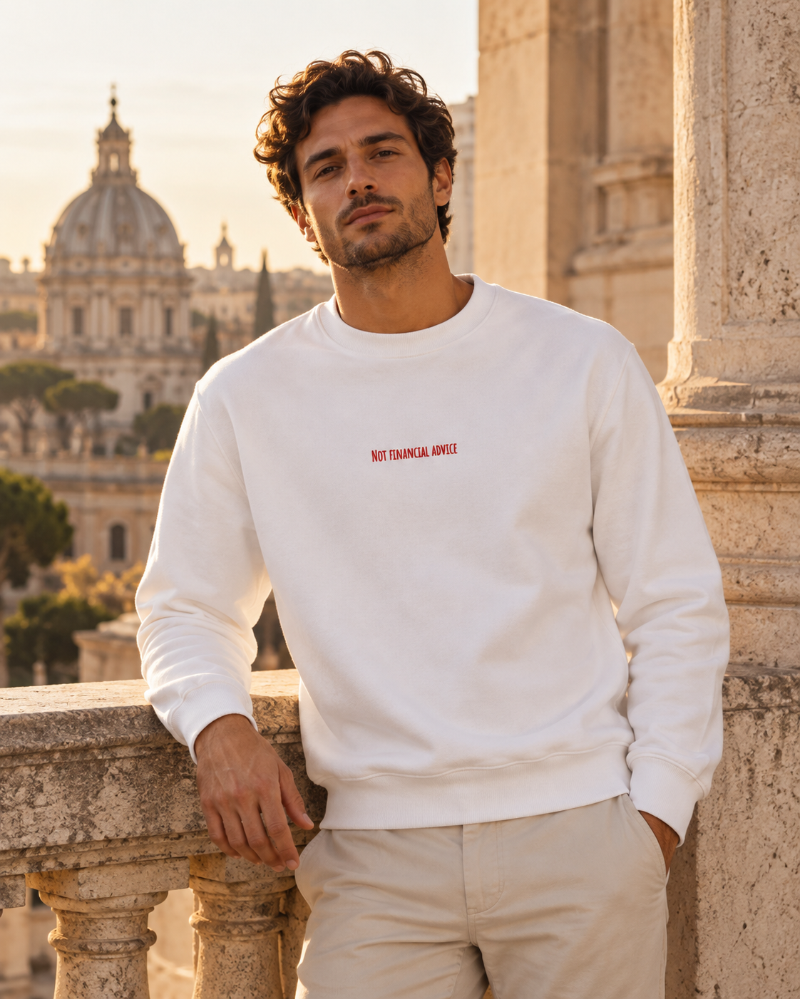 Man wearing a white Not Financial Advice sweatshirt with red centre-chest embroidery beside a pale stone balustrade and a Roman dome in warm golden light.