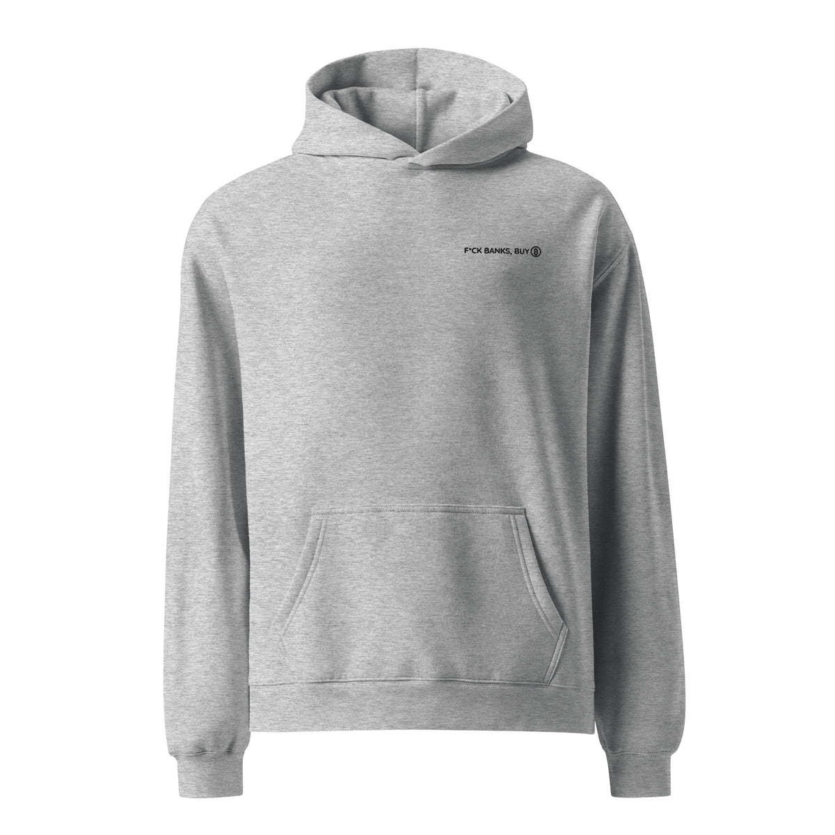 Athletic Heather grey F*ck Banks, buy ₿ hoodie with black embroidery on the left chest, front view