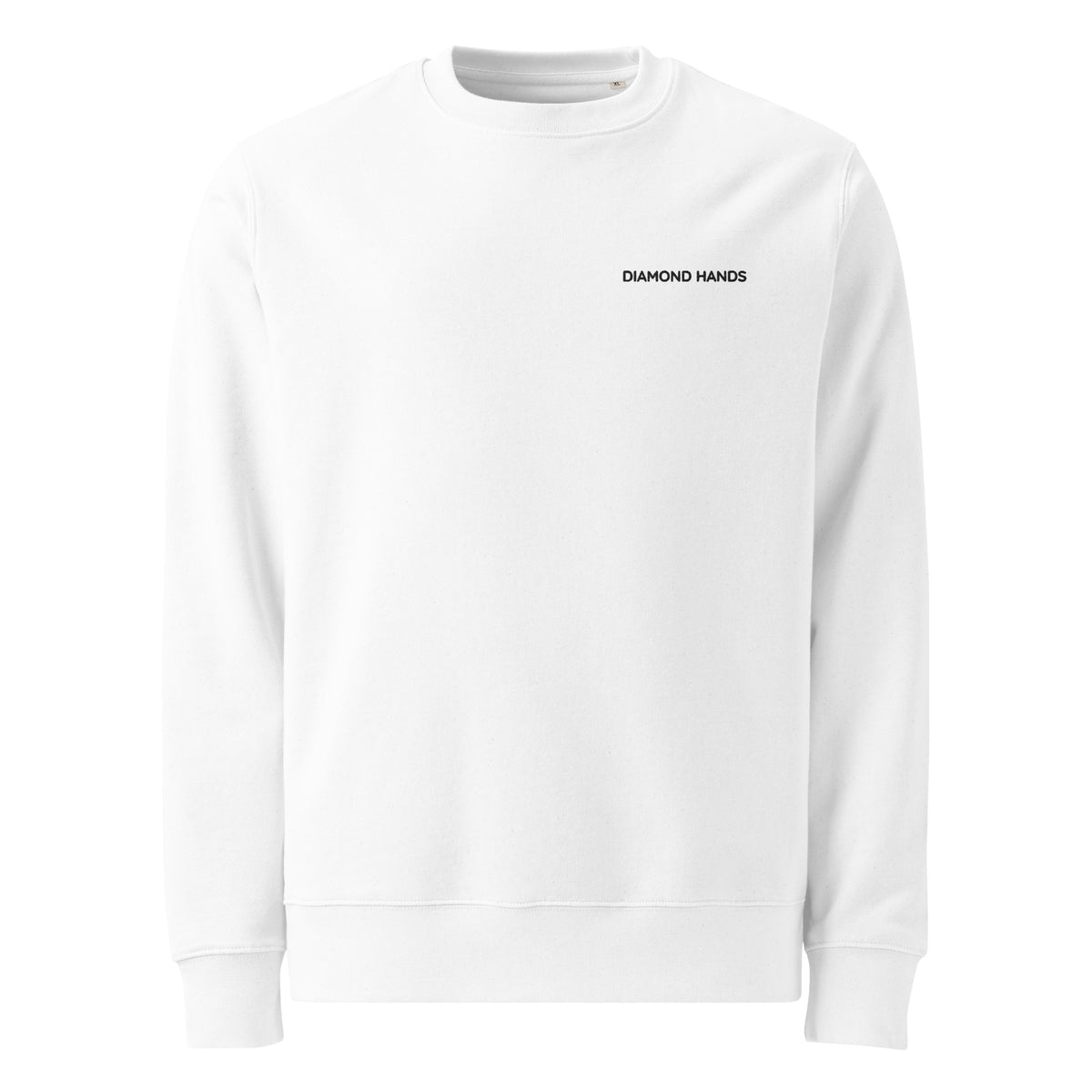 White Diamond Hands sweatshirt with black embroidery on the left chest, front view