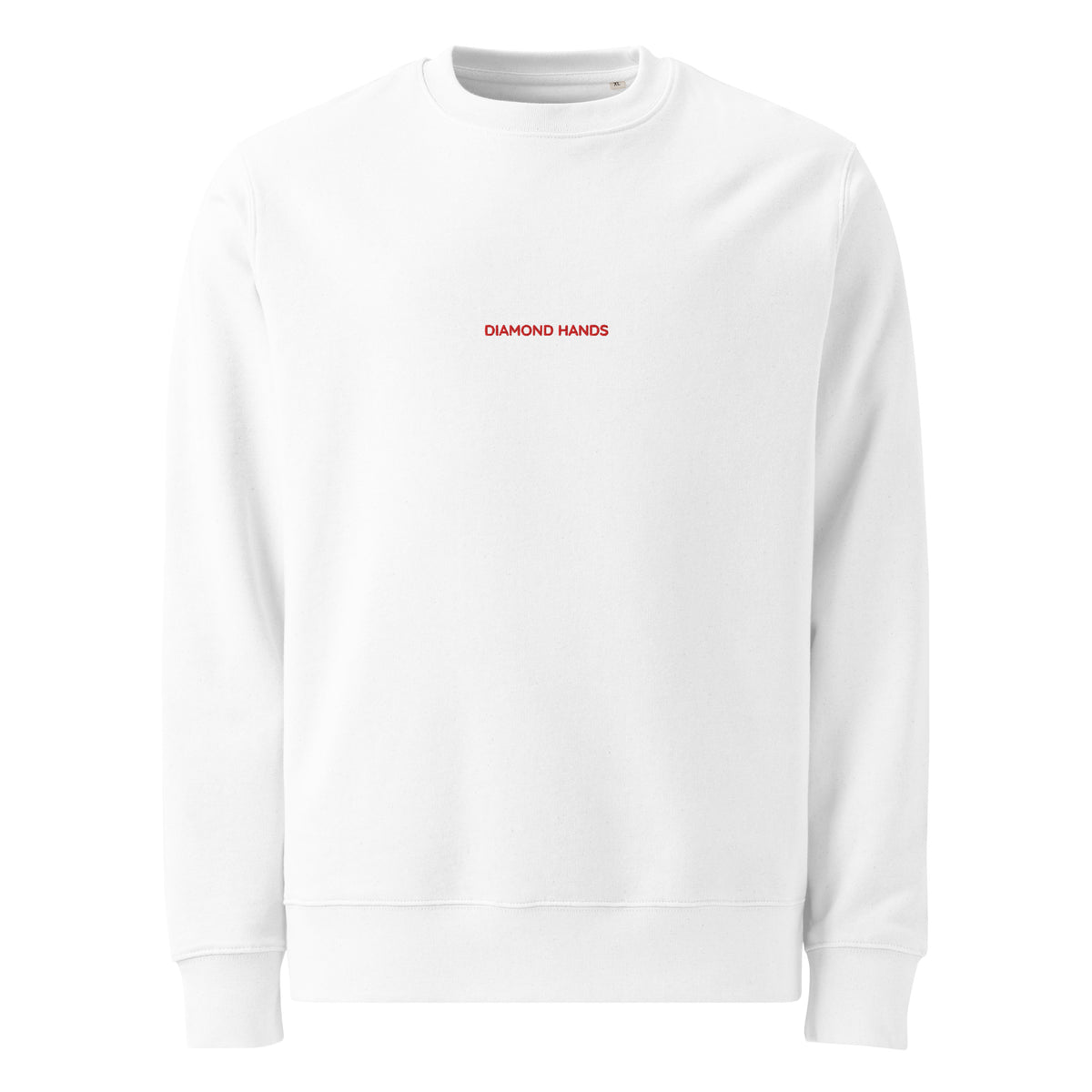 White Diamond Hands sweatshirt with red embroidery on the centre chest, front view